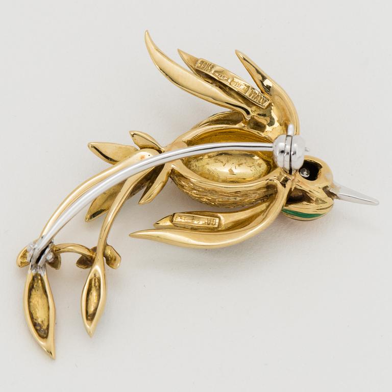 18K gold, enamel, brilliant-cut diamond and ruby bird brooch.