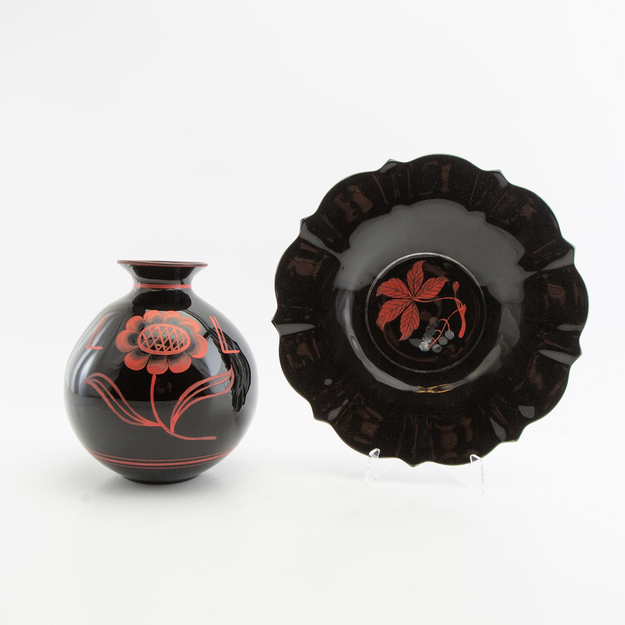 Vase and bowl Åfors 1930s/40s painted glass.