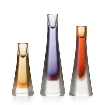 29. Paolo Venini, a set of three "Incisi" glass candleholders, Venini, Murano, Italy 1950's, model 4809.