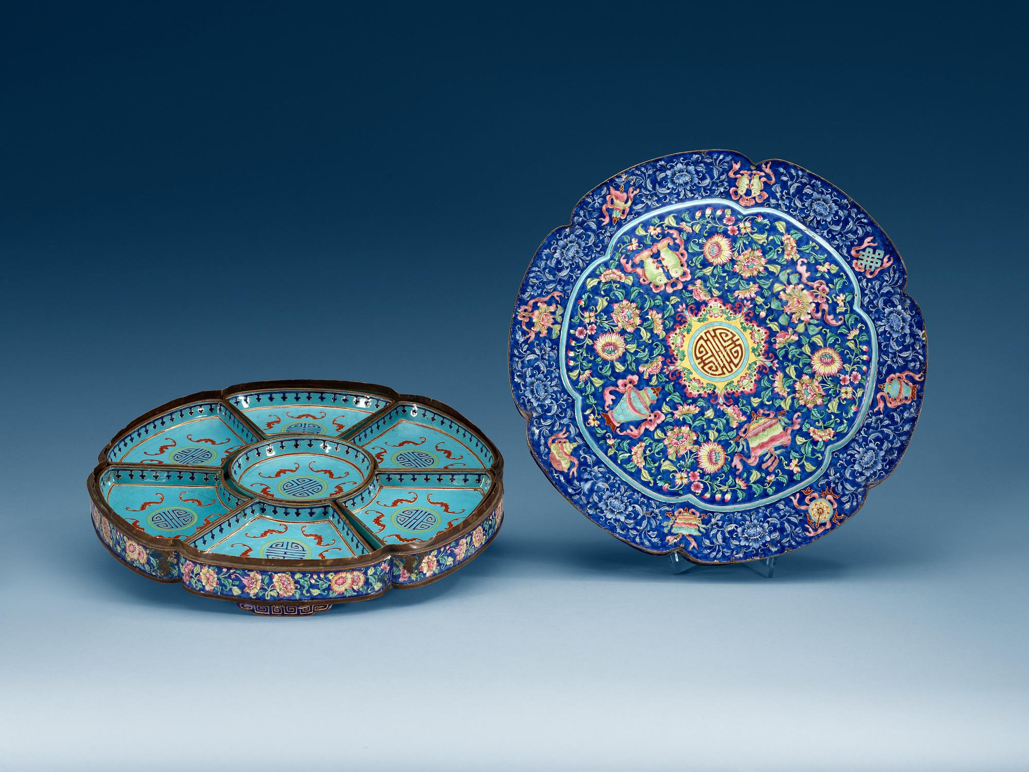 An enameled box and cover with a seven-piece cabaret, Qing dynasty, 18th Century.