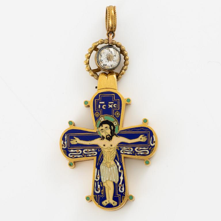 Cross 18K gold with enamel and white stone with relic compartment.