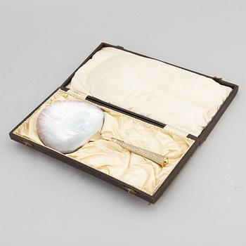 A silver and mother of pearl serving spoon, P. Hertz, Copenhagen, Denmark, 1885.