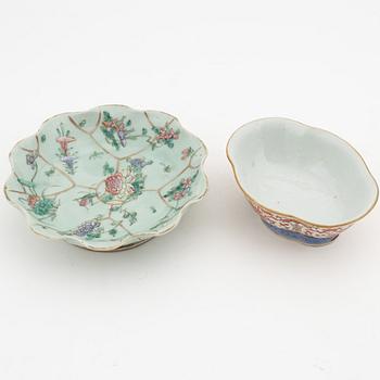 A famille rose jar with cover, box with cover and a dish and a bowl, China, circa 1900.