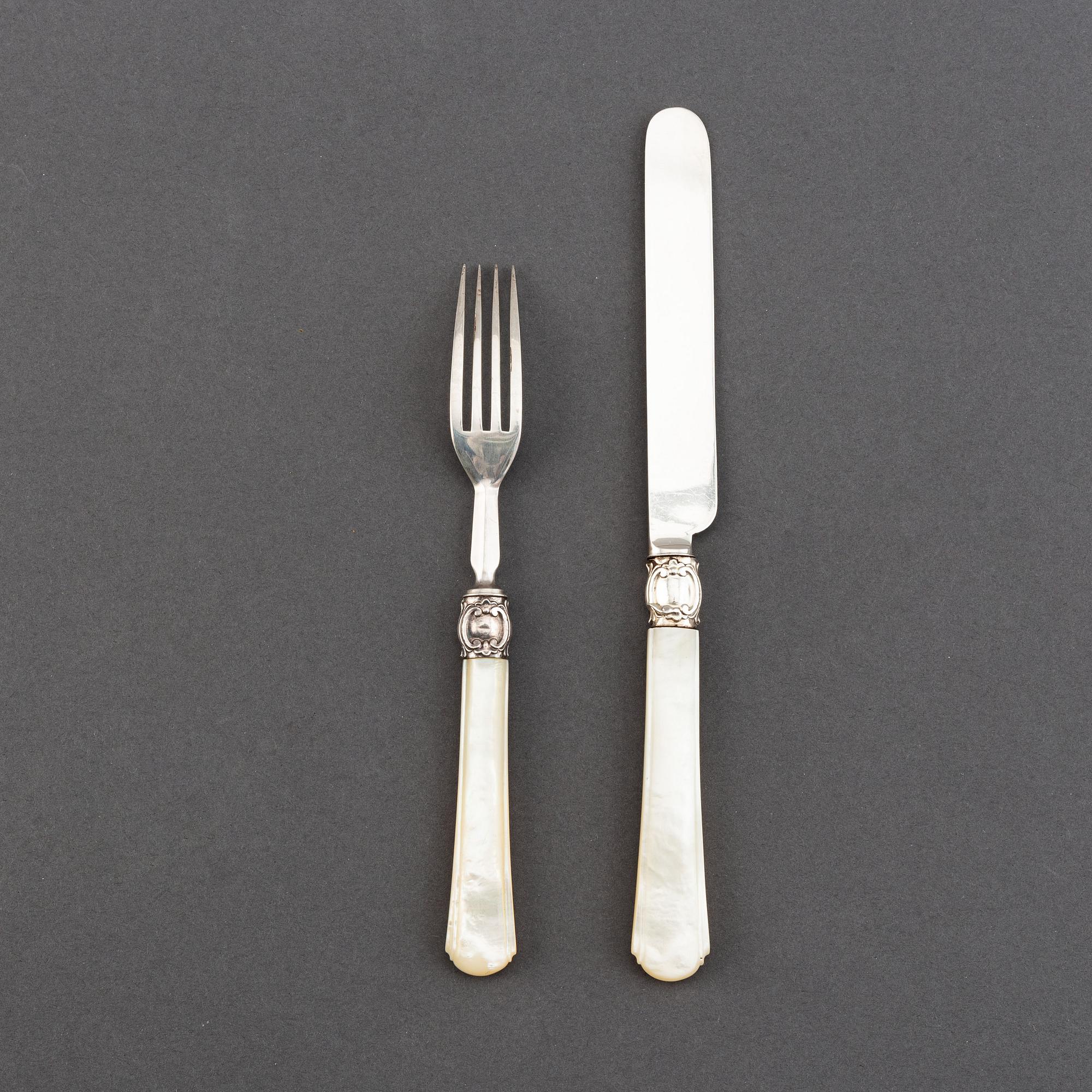 Atkin Brothers, 18+16 silver and mother of pearl cutlery, Sheffield, 1853, swedish import mark.
