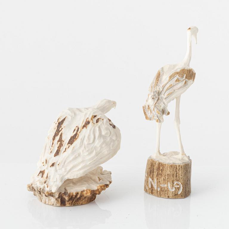 Erik Norberg, figurines, 3 pcs, reindeer antler, signed EN and dated -63, -67, and -69 respectively.