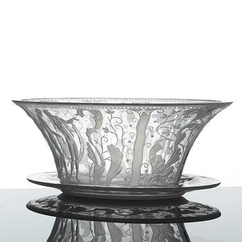 Simon Gate, an engraved glass bowl and stand, Orrefors, Sweden  1924, model 147.