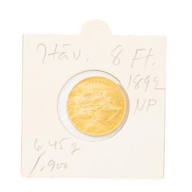 Guldmynt, Österrike, 8 Floriner 20 Franc, 1892.