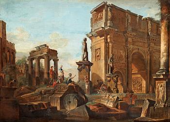355. Giovanni Paolo Panini, Capriccio med figurer vid romerska ruiner och Konstantinbågen.