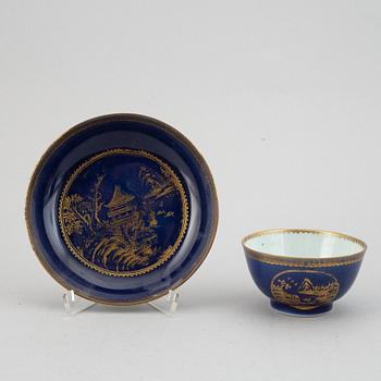 Six powder blue and gilt porcelain cups with saucers, Qing dynasty, Qianlong (1736-95).