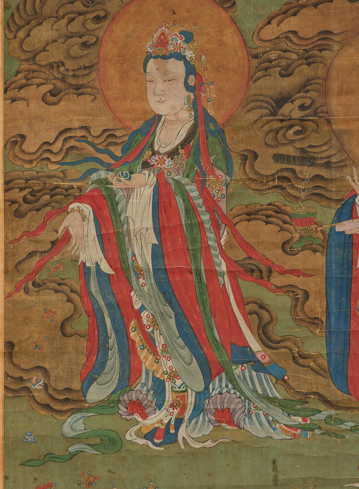 Two Chinese scroll paintings of Heavenly and Earthly Deities from the Water-Land Ritual, late Qing dynasty.