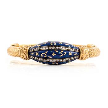 508. A bangle, gold, blue enamel, and rose cut diamonds.