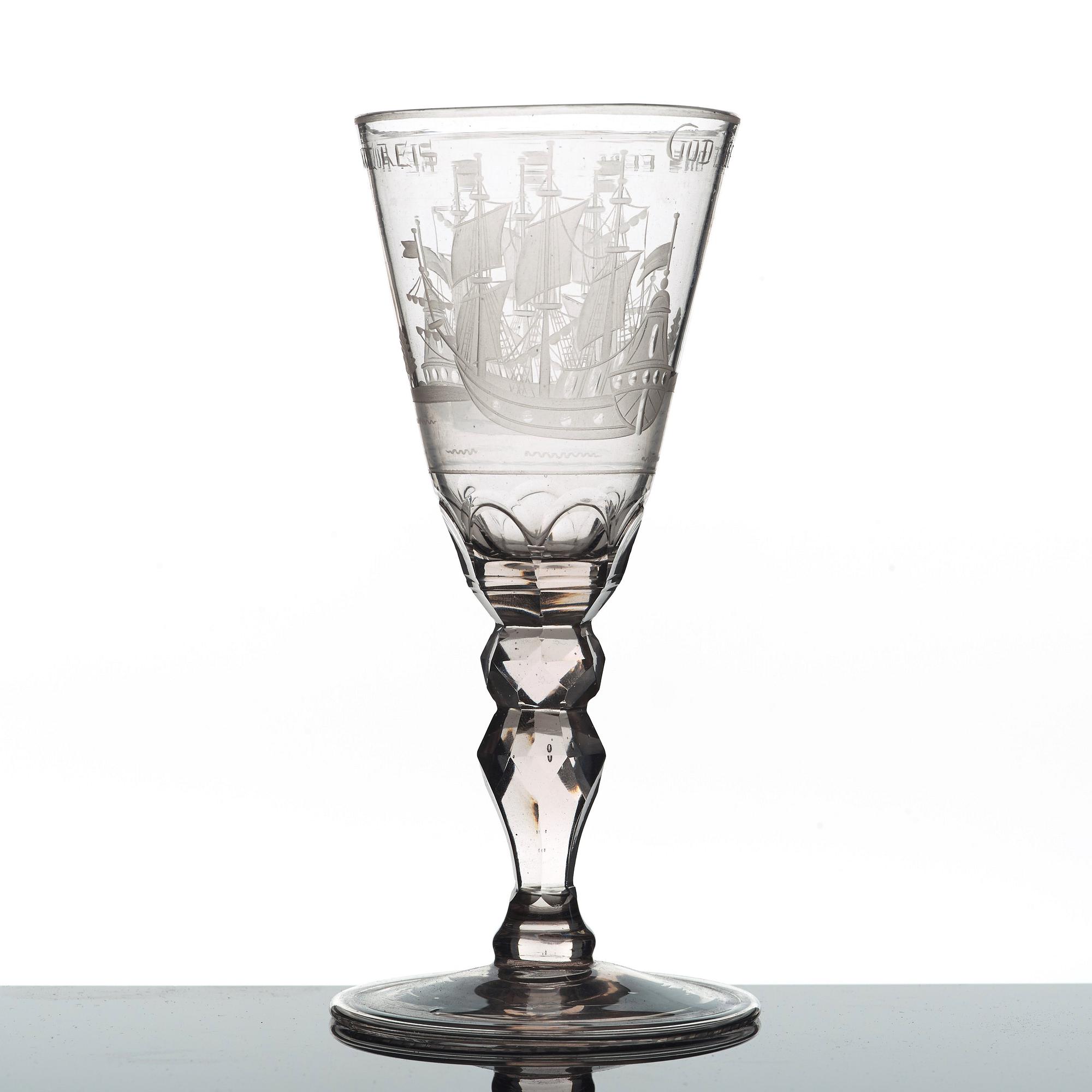 A Dutch cut and engraved wine glass, 18th Century.