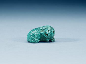 A robins egg glazed figure of a reclining elephant, Qing dynasty, presumably Qianlong (1736-95).