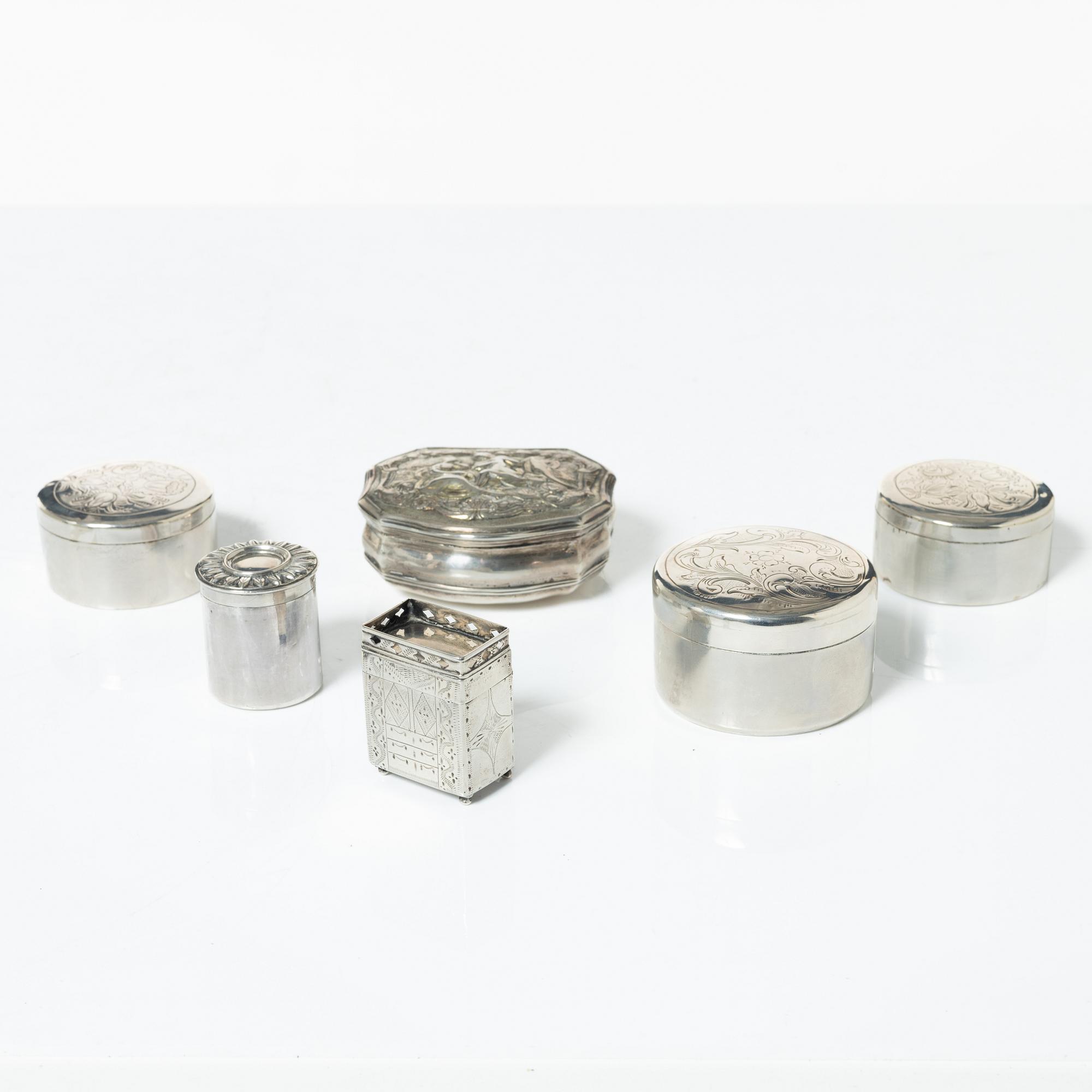 Six 19th century silver boxes.