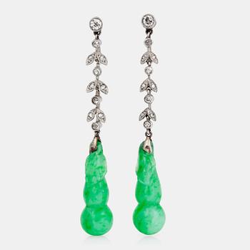 828. A pair of untreated jadeite and rose-cut diamond earrings.