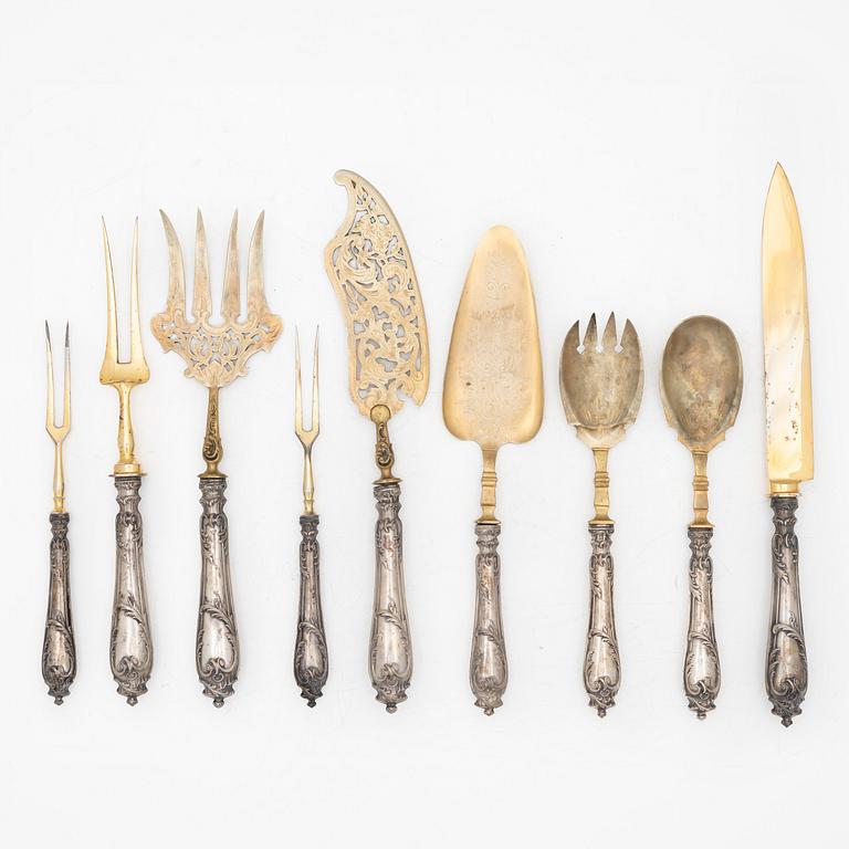 Serving cutlery, 9 pieces, silver, Rococo style, Germany, circa 1900.