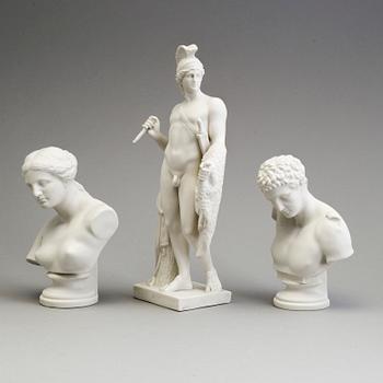 A PARIAN FIGURE AND A PAIR OF BUSTS, Gustafsberg ca 1900.