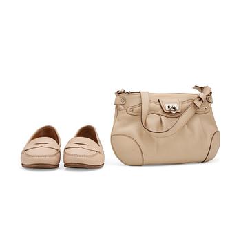 SALVATORE FERRAGAMO, a beige leather shoulder bag and a pair of beige leather loafers.