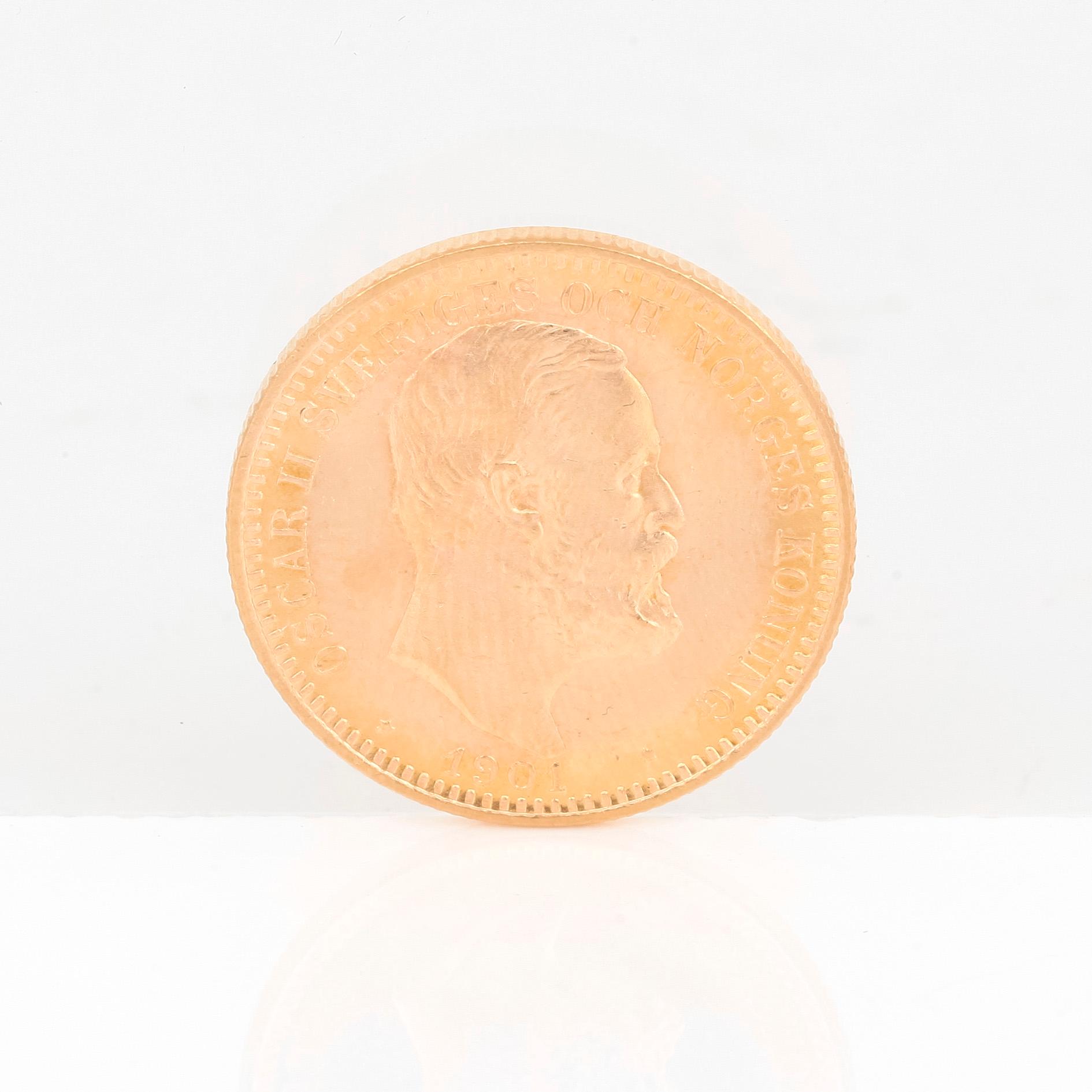 GULDMYNT, 20 kronor, Oscar II av Sverige och Norge 1901. Vikt ca 9 gram.