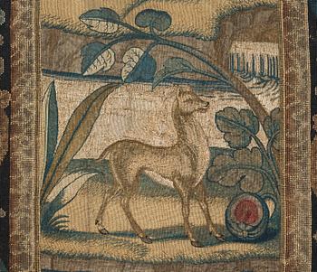 EMBROIDERY. Cross stitches and petit point. 267,5 x 162,5 cm. Probably England, around 1700.