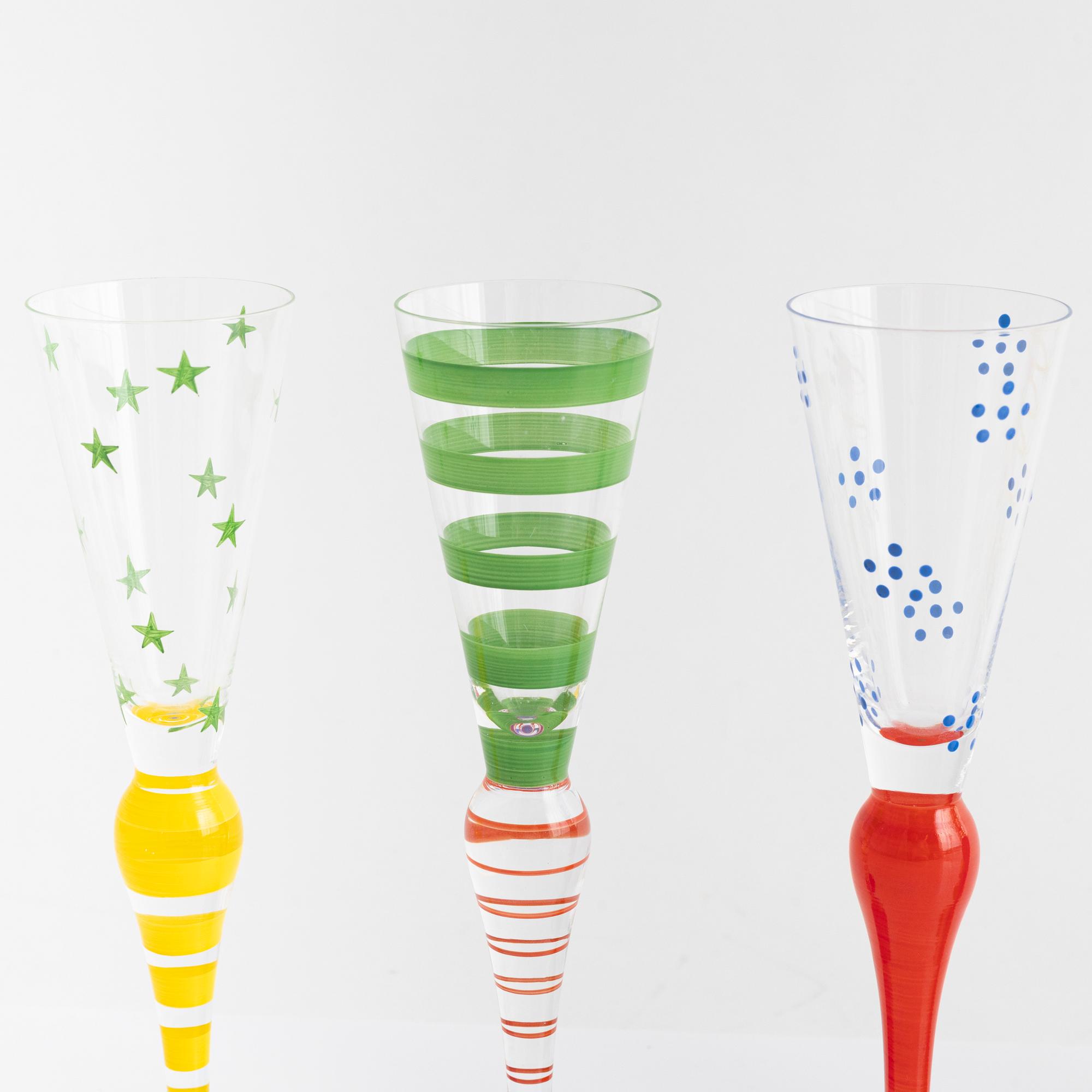 Anne Nilsson, eight 'Clown' aquavit glasses, Orrefors, Sweden.