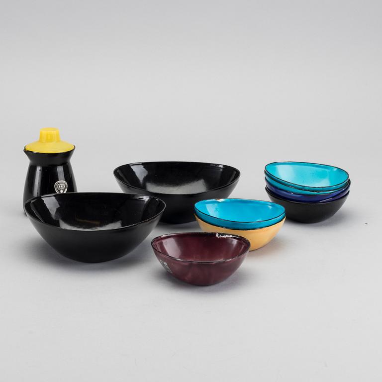 10 bowls and one milkpitcher made in 
enamel by Arne Erker, Kockums, the second half of the 20th century.