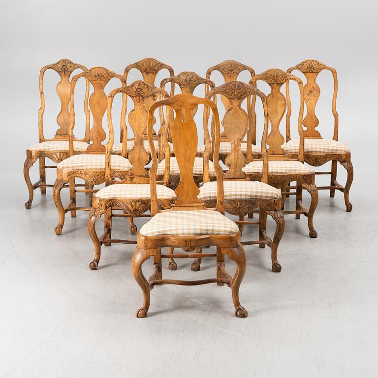 An assembled suite of ten rococo chairs, Western Sweden, later part 18th century.