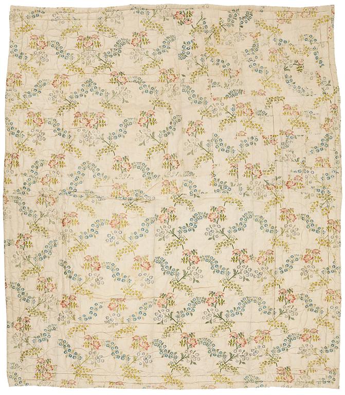 A SILK BED COVER, quilted, ca 192-193 x 164-170 cm, probably Sweden 18th century.