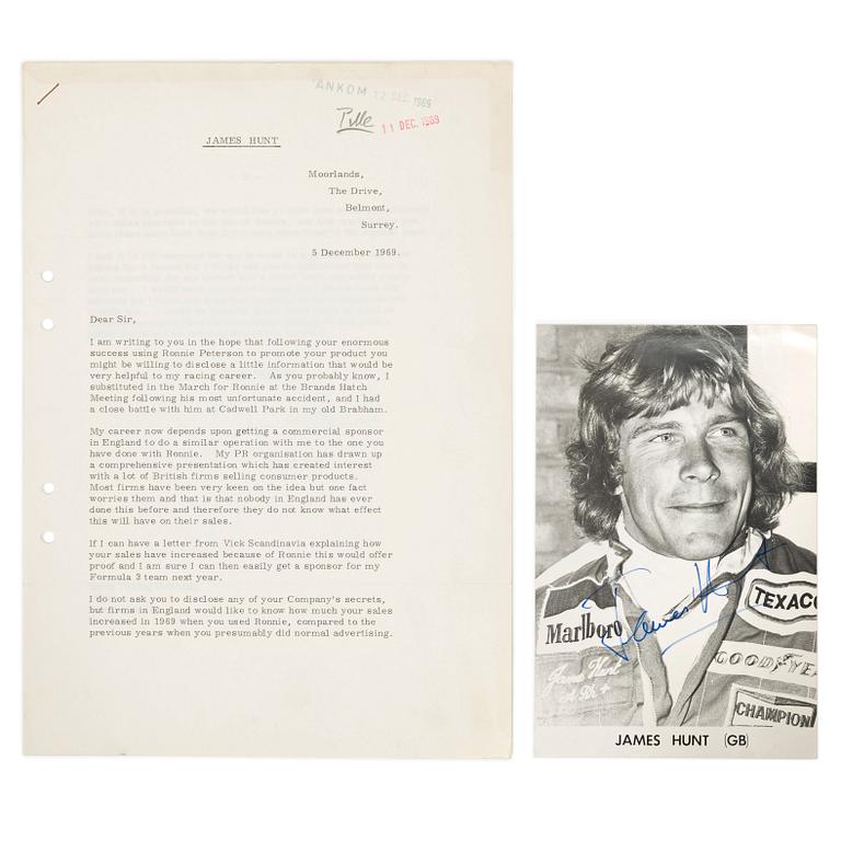 Signed letter from James Hunt to Smog Racing Division, 1969, together with a signed photograph of James Hunt.