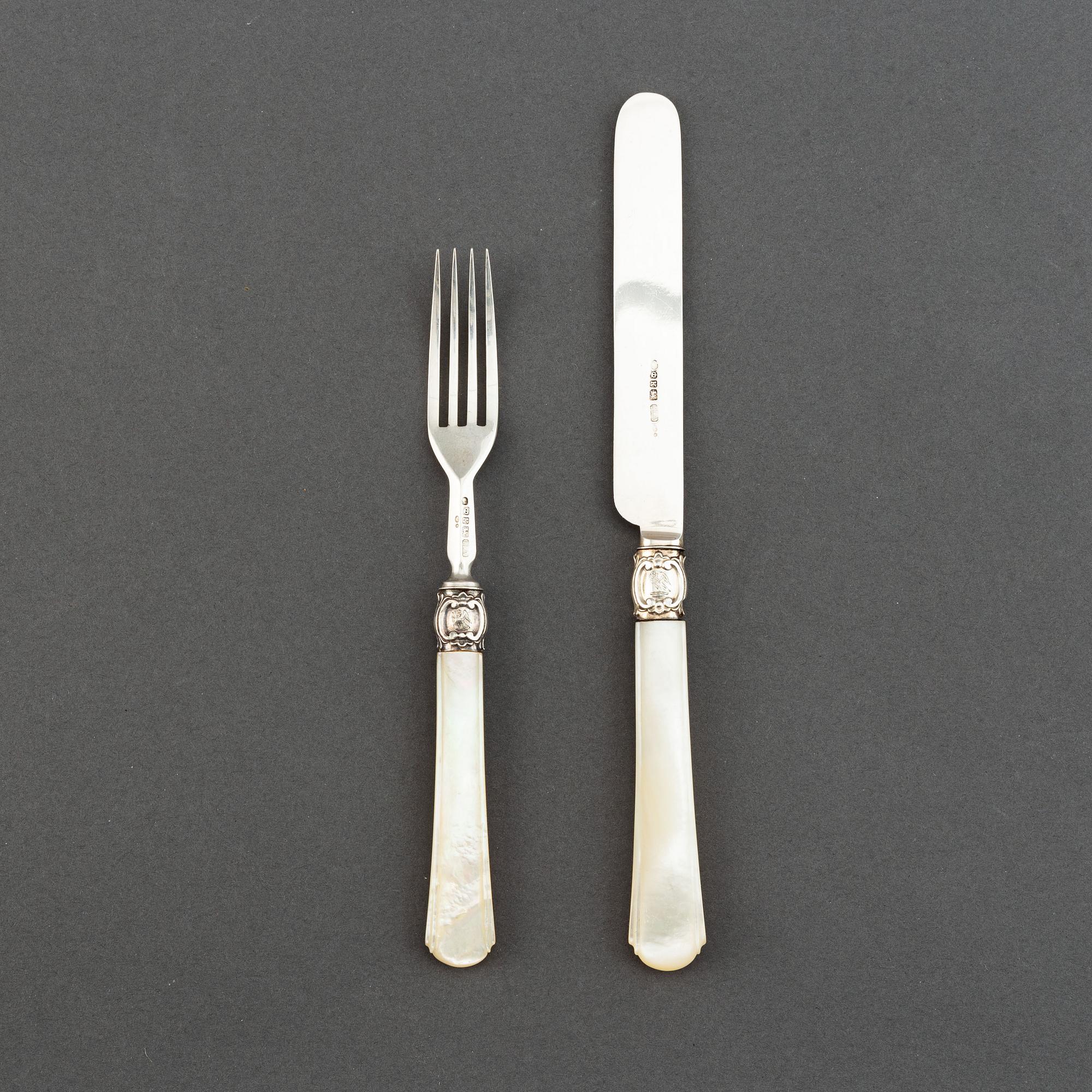 Atkin Brothers, 18+16 silver and mother of pearl cutlery, Sheffield, 1853, swedish import mark.