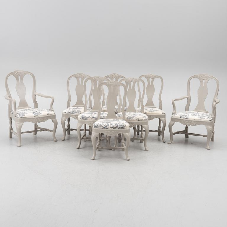 Dining table, 2 armchairs, 6 chairs, Rococo style, 20th century.