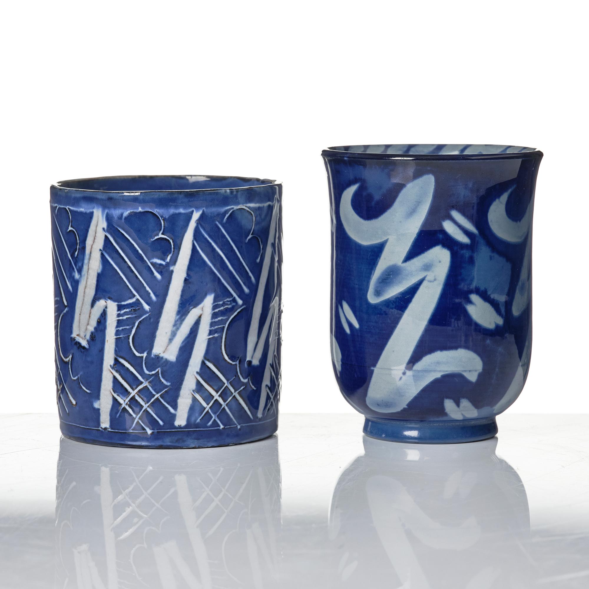 Wilhelm Kåge, two porcelain vases and an earthenware jar with cover, Gustavsberg, Sweden, 1924 and presumably 1930.