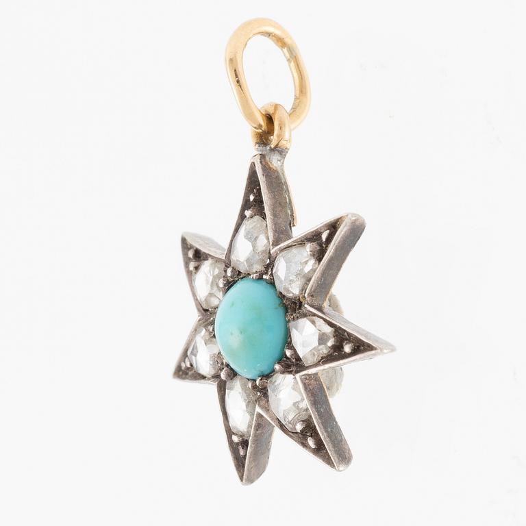 Pendant in silver and gold with a turquoise and rose-cut diamonds.