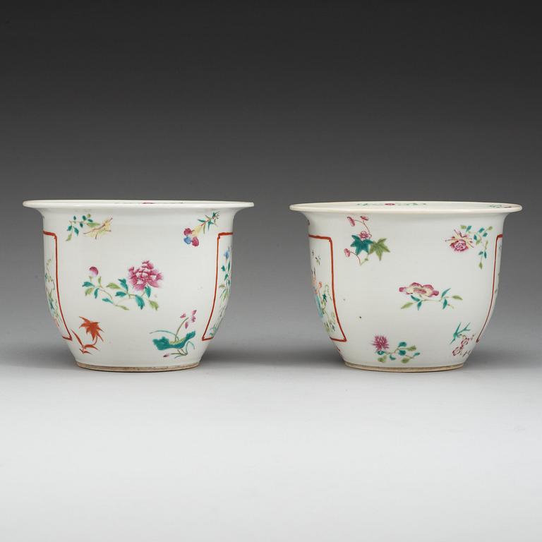 A pair of famille rose flower pots, Republic, first half of 20th Century, with Qianlong four character mark.