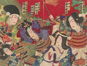 Toyohara Kunichika, Diptych from the play "Gofudoki kabuki no hon yomi".