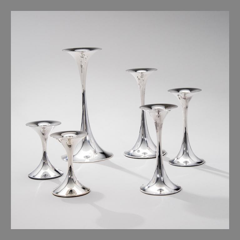 TAPIO WIRKKALA, SET OF SIX OF CANDLESTICKS. Signed TW. Silver 830.