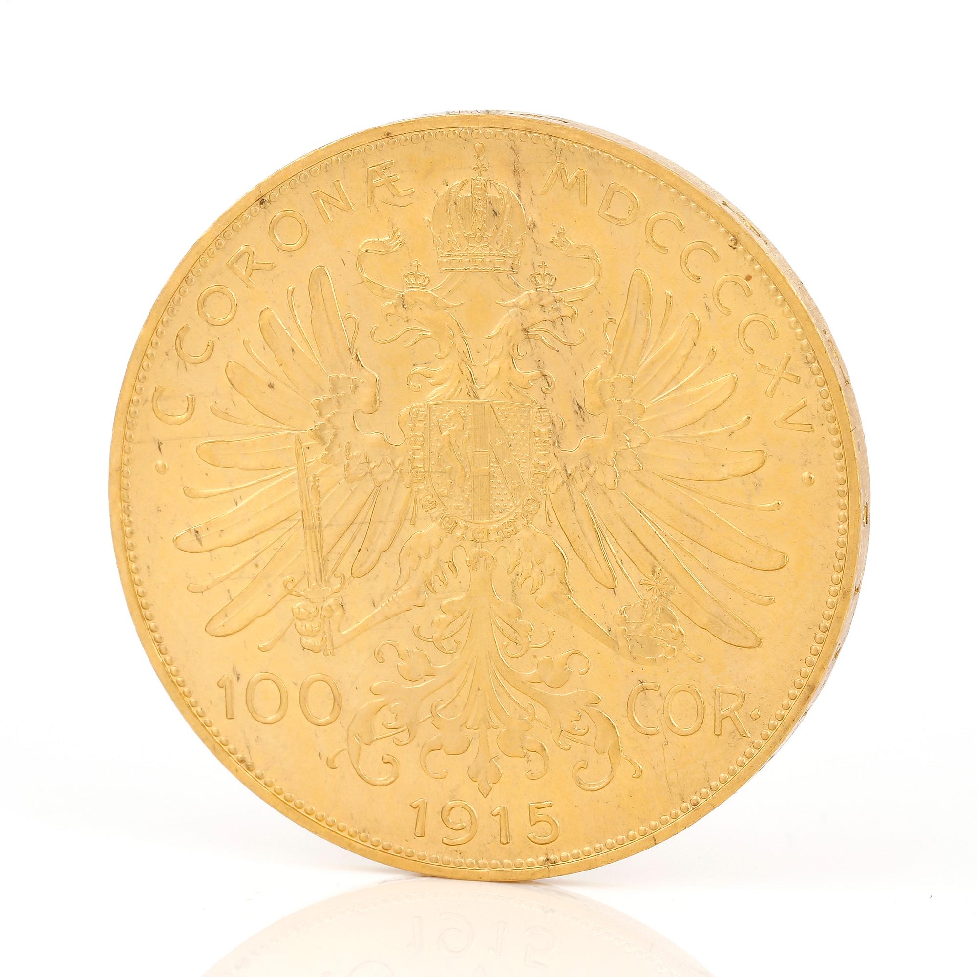 GULDMYNT, 100 Corona, Kejsarriket Österrike-Ungern, 1915. Vikt ca 33 gram.