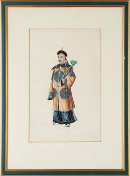 A group of three Chinese gouache paintings on ricepaper, Qing dynasty, 19th century.