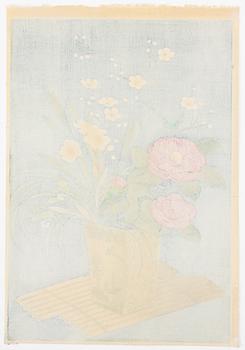 Ohno Bakufu, Motif of a bird and flowering roses, and a vase with prunus, peonies, daffodils and an orchid.