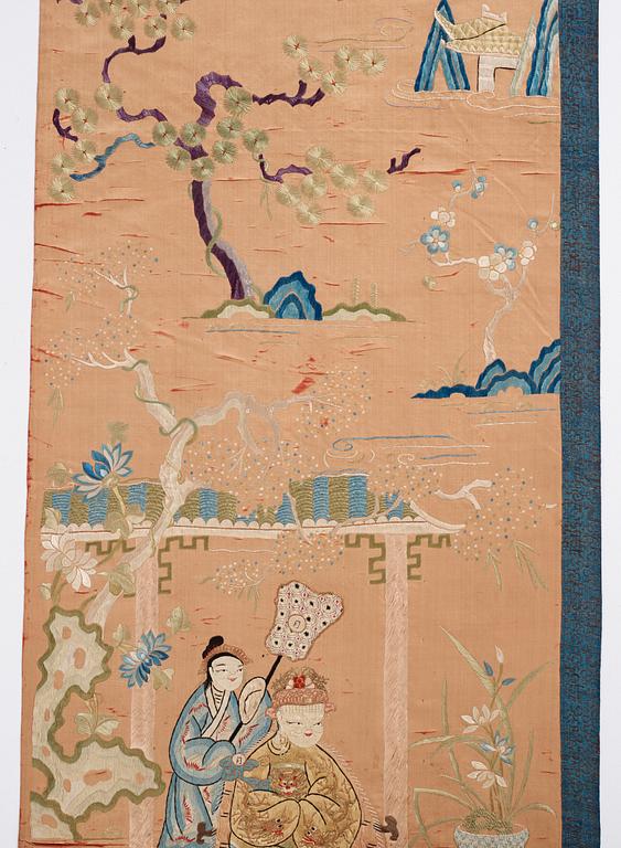 Two embroidered silk panels, late Qing dynasty.