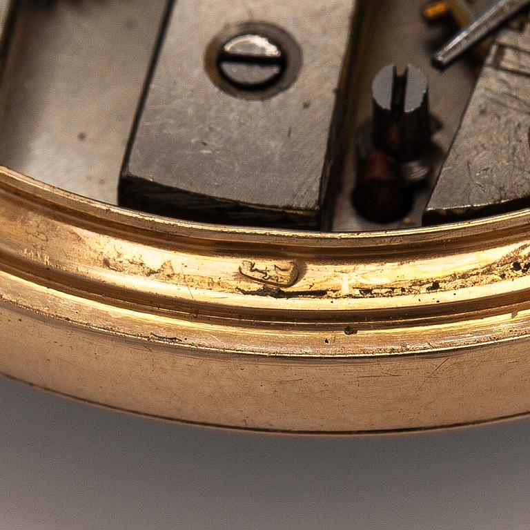 Pocket watch, Tobias, 34 mm, 14K gold, lever escapement, plastic crystal.