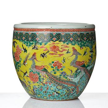 A large yellow ground '100 birds' fish basin, Qing dynasty, 19th century.