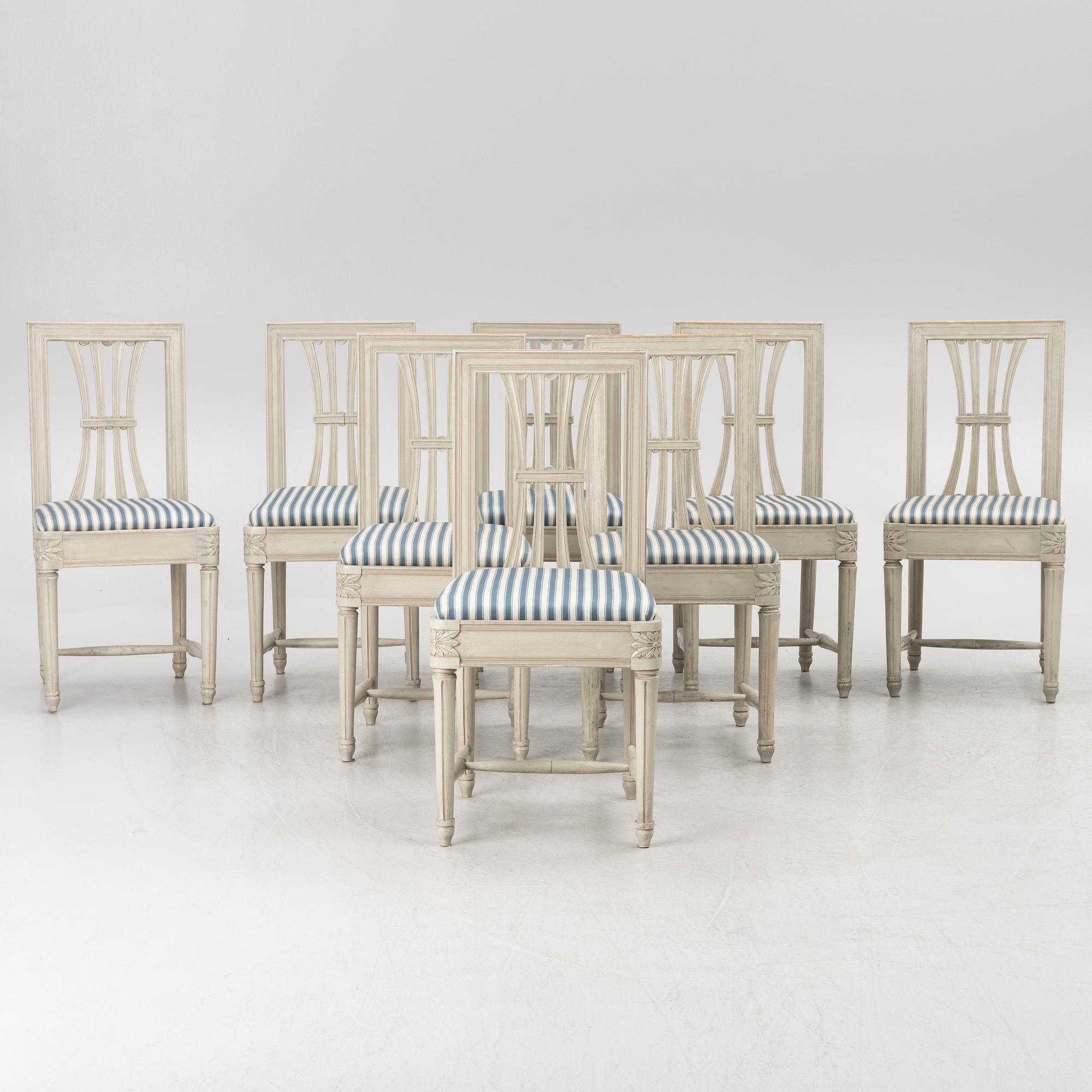 A set of four late Gustavian chairs, circa 1800 and four late Gustavian style chairs, late 20th century.