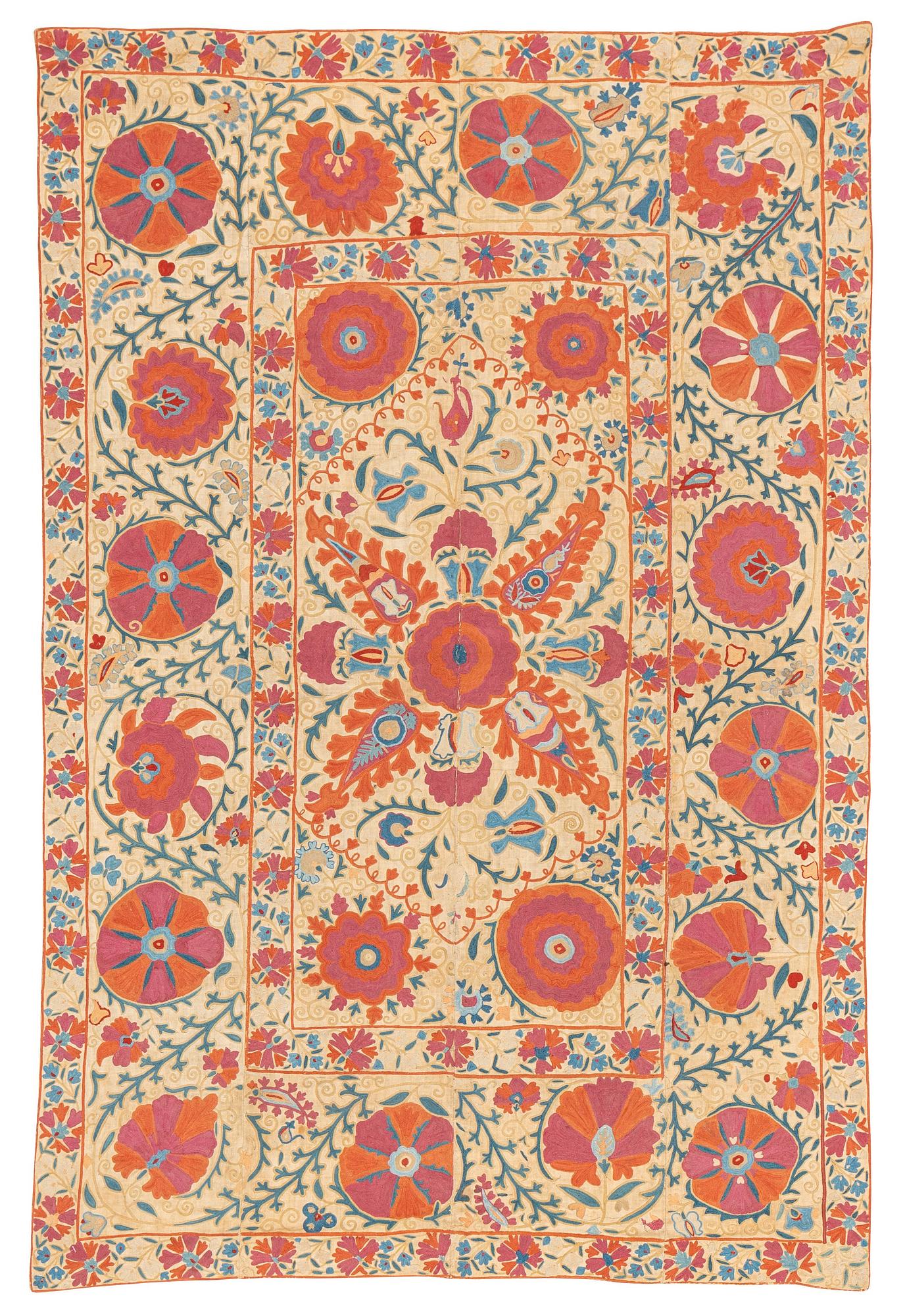 A 19th century Suzani embroidery, probably Nurata region, Uzbekistan, ca 169 x 113 cm.