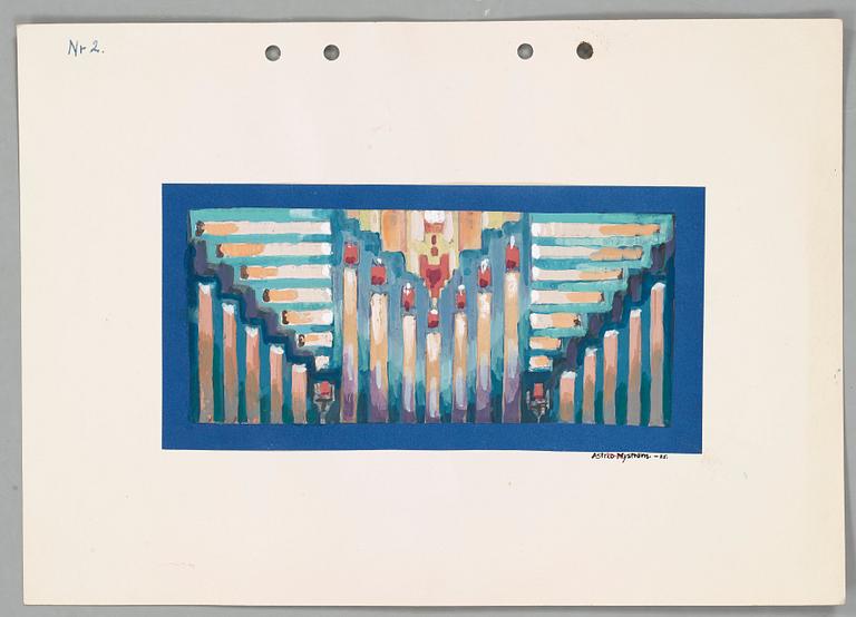 CARPET SKETCHES, 4 sheets. Watercolour and graphite. Three by Agda Österberg and one by Astrid Nyström.