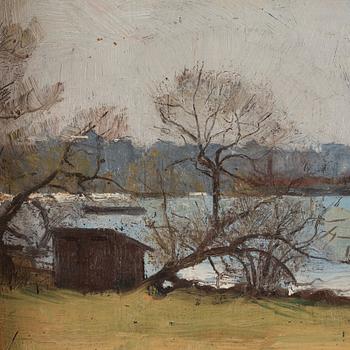 Vy från Djurgården (Ryssviken) mot Södermalm och Katarina kyrka.