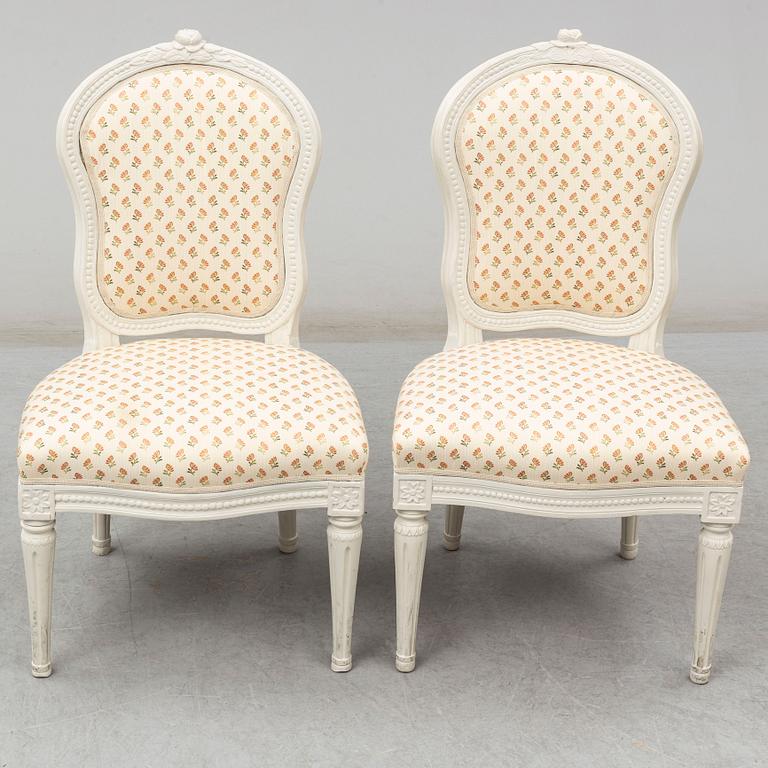 A Gustavian chair by Jakob Malmsten (master in Stockholm 1780-1788). One later copy included.