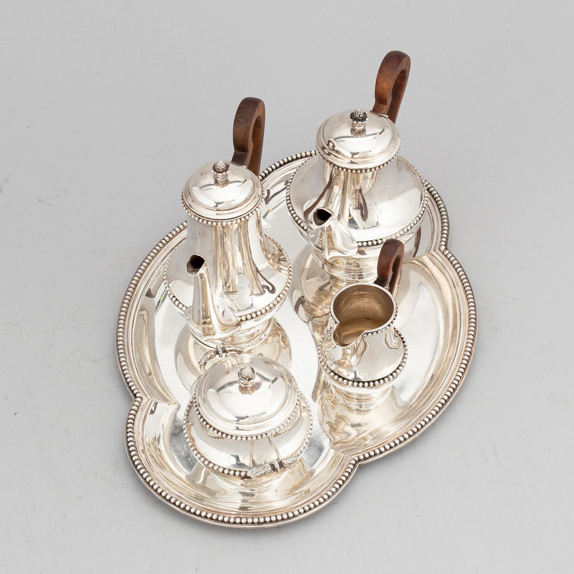 S five piece silver coffee set, Paris, France, early 20th Century.