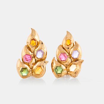 989. A pair of 18K gold earrings set with cabochon-cut citrines, peridots, tourmalines and amethysts.