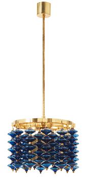 A Hans-Agne Jakobsson brass and blue glass ceiling lamp, Markaryd, Sweden 1960's-70's.